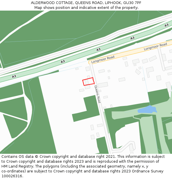 ALDERWOOD COTTAGE, QUEENS ROAD, LIPHOOK, GU30 7PF: Location map and indicative extent of plot