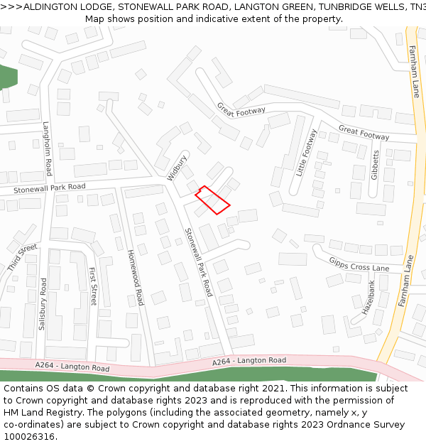 ALDINGTON LODGE, STONEWALL PARK ROAD, LANGTON GREEN, TUNBRIDGE WELLS, TN3 0HN: Location map and indicative extent of plot