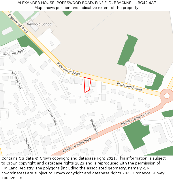 ALEXANDER HOUSE, POPESWOOD ROAD, BINFIELD, BRACKNELL, RG42 4AE: Location map and indicative extent of plot