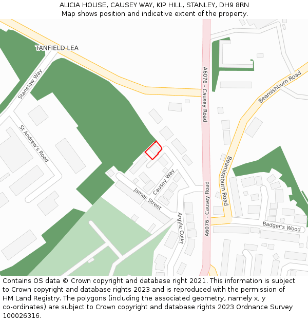 ALICIA HOUSE, CAUSEY WAY, KIP HILL, STANLEY, DH9 8RN: Location map and indicative extent of plot