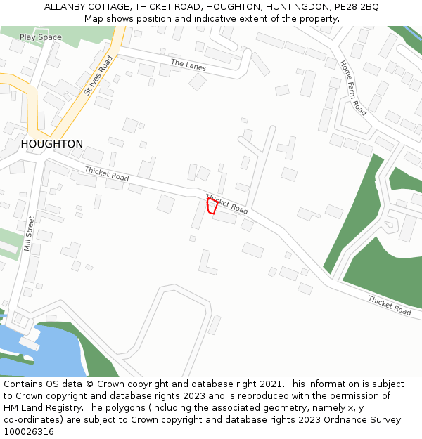 ALLANBY COTTAGE, THICKET ROAD, HOUGHTON, HUNTINGDON, PE28 2BQ: Location map and indicative extent of plot