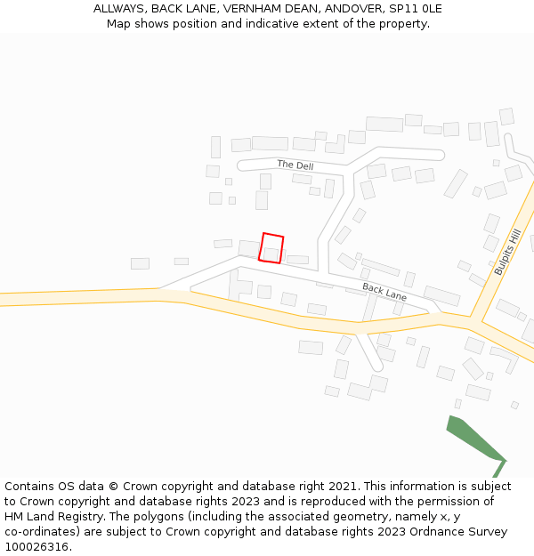 ALLWAYS, BACK LANE, VERNHAM DEAN, ANDOVER, SP11 0LE: Location map and indicative extent of plot