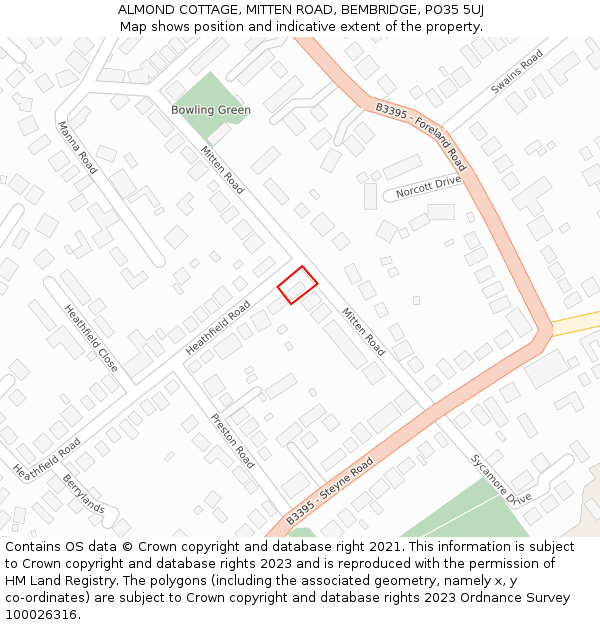 ALMOND COTTAGE, MITTEN ROAD, BEMBRIDGE, PO35 5UJ: Location map and indicative extent of plot