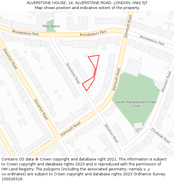 ALVERSTONE HOUSE, 14, ALVERSTONE ROAD, LONDON, NW2 5JT: Location map and indicative extent of plot