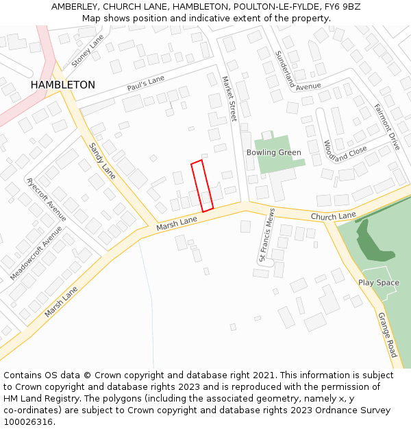 AMBERLEY, CHURCH LANE, HAMBLETON, POULTON-LE-FYLDE, FY6 9BZ: Location map and indicative extent of plot