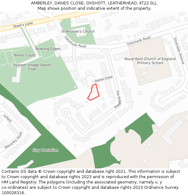 AMBERLEY, DANES CLOSE, OXSHOTT, LEATHERHEAD, KT22 0LL: Location map and indicative extent of plot