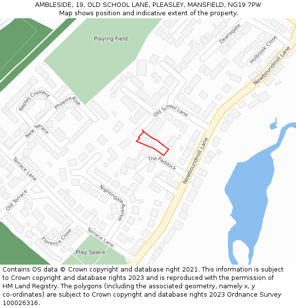 AMBLESIDE, 19, OLD SCHOOL LANE, PLEASLEY, MANSFIELD, NG19 7PW: Location map and indicative extent of plot