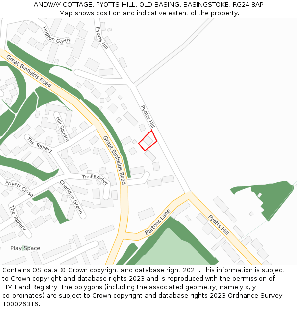 ANDWAY COTTAGE, PYOTTS HILL, OLD BASING, BASINGSTOKE, RG24 8AP: Location map and indicative extent of plot