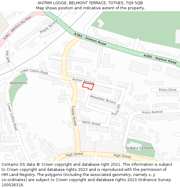 ANTRIM LODGE, BELMONT TERRACE, TOTNES, TQ9 5QB: Location map and indicative extent of plot