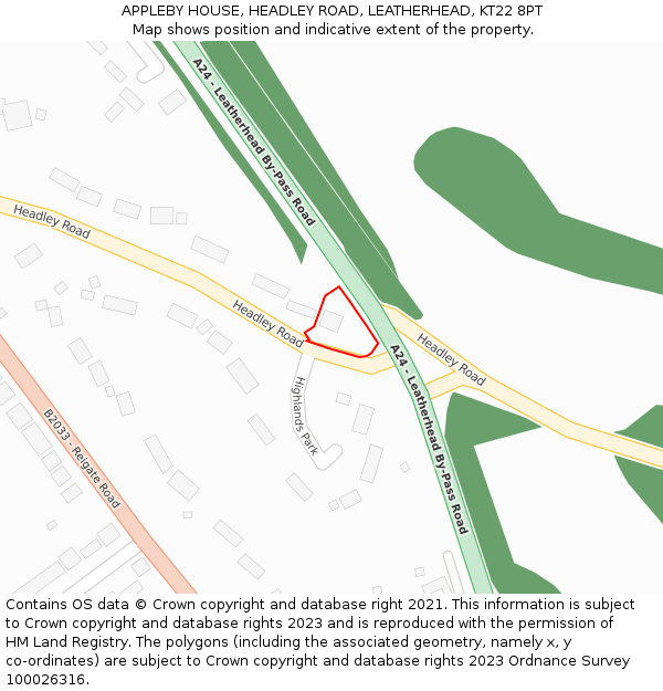 APPLEBY HOUSE, HEADLEY ROAD, LEATHERHEAD, KT22 8PT: Location map and indicative extent of plot