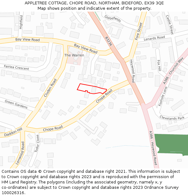 APPLETREE COTTAGE, CHOPE ROAD, NORTHAM, BIDEFORD, EX39 3QE: Location map and indicative extent of plot