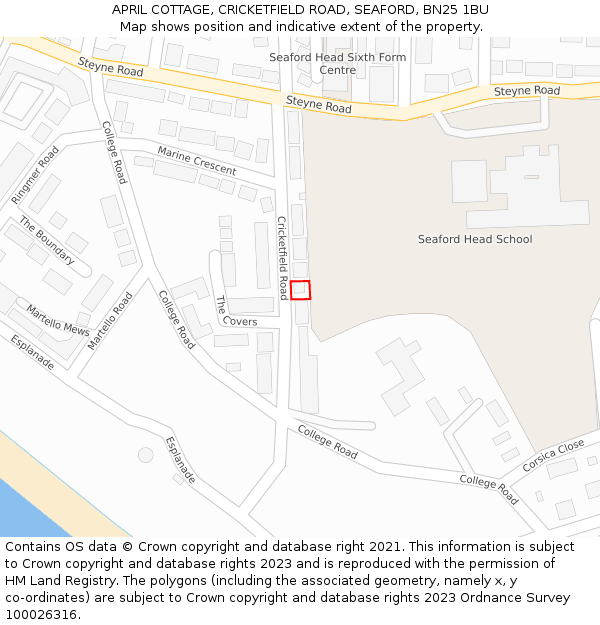 APRIL COTTAGE, CRICKETFIELD ROAD, SEAFORD, BN25 1BU: Location map and indicative extent of plot