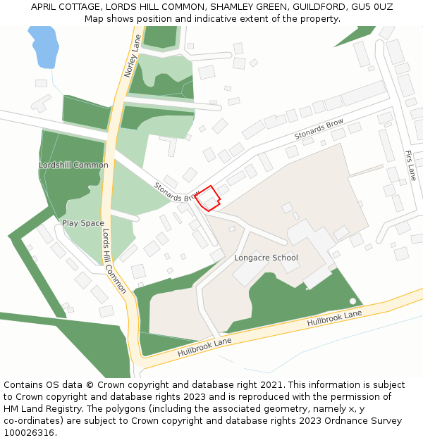 APRIL COTTAGE, LORDS HILL COMMON, SHAMLEY GREEN, GUILDFORD, GU5 0UZ: Location map and indicative extent of plot