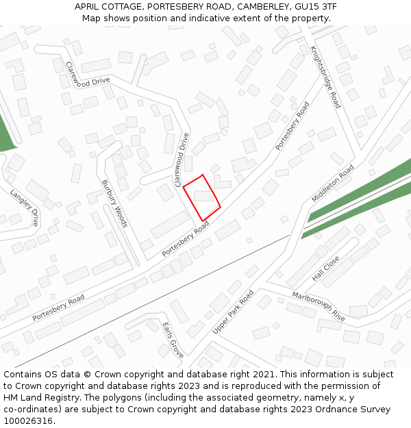 APRIL COTTAGE, PORTESBERY ROAD, CAMBERLEY, GU15 3TF: Location map and indicative extent of plot