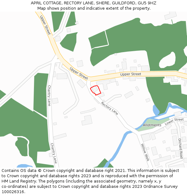 APRIL COTTAGE, RECTORY LANE, SHERE, GUILDFORD, GU5 9HZ: Location map and indicative extent of plot