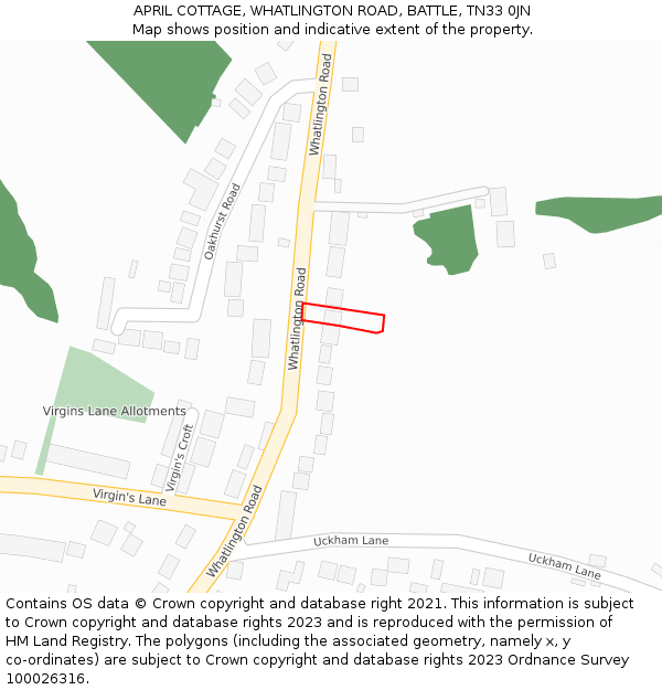APRIL COTTAGE, WHATLINGTON ROAD, BATTLE, TN33 0JN: Location map and indicative extent of plot
