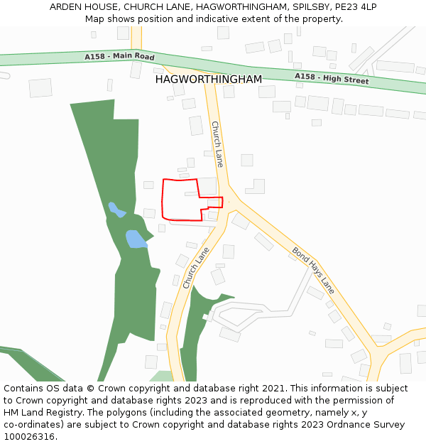 ARDEN HOUSE, CHURCH LANE, HAGWORTHINGHAM, SPILSBY, PE23 4LP: Location map and indicative extent of plot