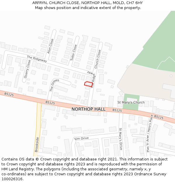 ARFRYN, CHURCH CLOSE, NORTHOP HALL, MOLD, CH7 6HY: Location map and indicative extent of plot