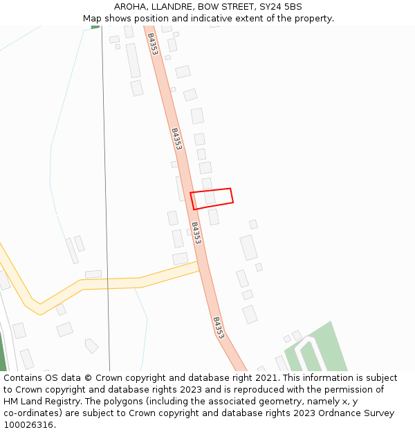 AROHA, LLANDRE, BOW STREET, SY24 5BS: Location map and indicative extent of plot