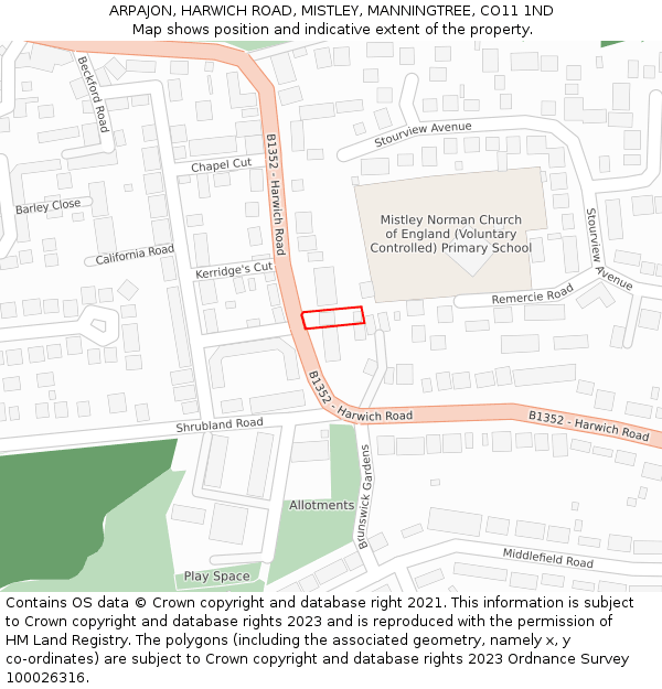 ARPAJON, HARWICH ROAD, MISTLEY, MANNINGTREE, CO11 1ND: Location map and indicative extent of plot