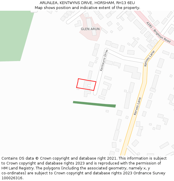 ARUNLEA, KENTWYNS DRIVE, HORSHAM, RH13 6EU: Location map and indicative extent of plot