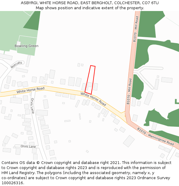 ASBYRGI, WHITE HORSE ROAD, EAST BERGHOLT, COLCHESTER, CO7 6TU: Location map and indicative extent of plot