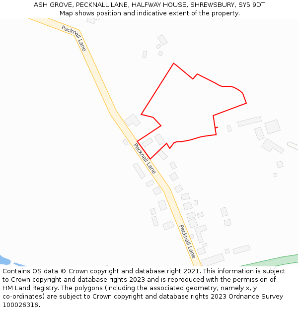 ASH GROVE, PECKNALL LANE, HALFWAY HOUSE, SHREWSBURY, SY5 9DT: Location map and indicative extent of plot