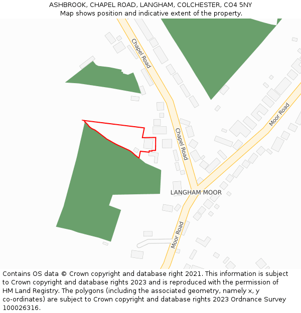 ASHBROOK, CHAPEL ROAD, LANGHAM, COLCHESTER, CO4 5NY: Location map and indicative extent of plot