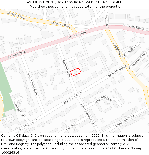 ASHBURY HOUSE, BOYNDON ROAD, MAIDENHEAD, SL6 4EU: Location map and indicative extent of plot