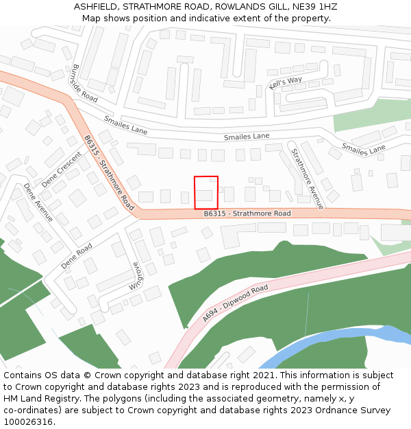 ASHFIELD, STRATHMORE ROAD, ROWLANDS GILL, NE39 1HZ: Location map and indicative extent of plot
