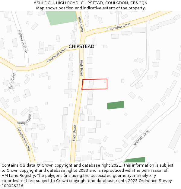 ASHLEIGH, HIGH ROAD, CHIPSTEAD, COULSDON, CR5 3QN: Location map and indicative extent of plot