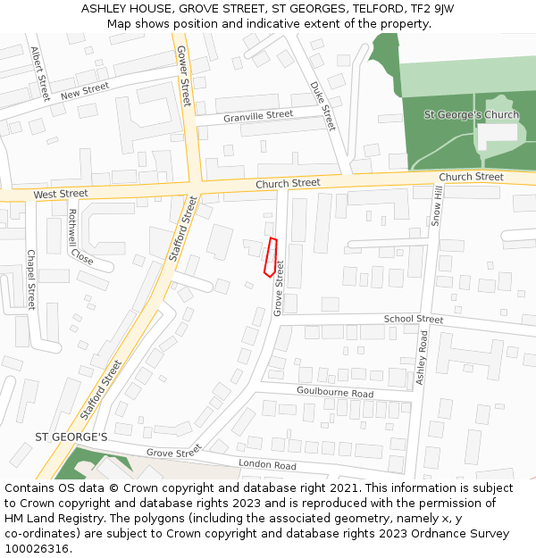 ASHLEY HOUSE, GROVE STREET, ST GEORGES, TELFORD, TF2 9JW: Location map and indicative extent of plot