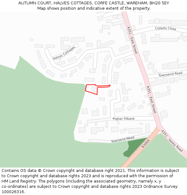 AUTUMN COURT, HALVES COTTAGES, CORFE CASTLE, WAREHAM, BH20 5EY: Location map and indicative extent of plot