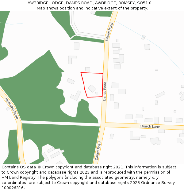AWBRIDGE LODGE, DANES ROAD, AWBRIDGE, ROMSEY, SO51 0HL: Location map and indicative extent of plot