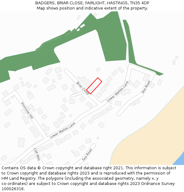 BADGERS, BRIAR CLOSE, FAIRLIGHT, HASTINGS, TN35 4DP: Location map and indicative extent of plot
