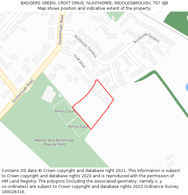 BADGERS GREEN, CROFT DRIVE, NUNTHORPE, MIDDLESBROUGH, TS7 0JB: Location map and indicative extent of plot
