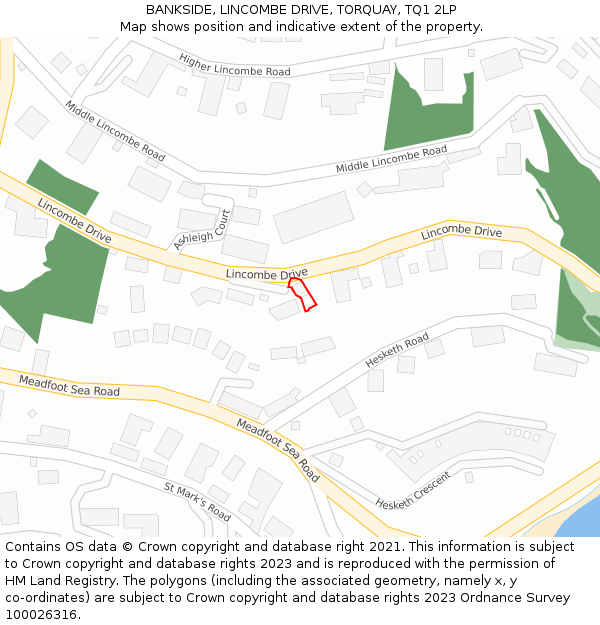 BANKSIDE, LINCOMBE DRIVE, TORQUAY, TQ1 2LP: Location map and indicative extent of plot