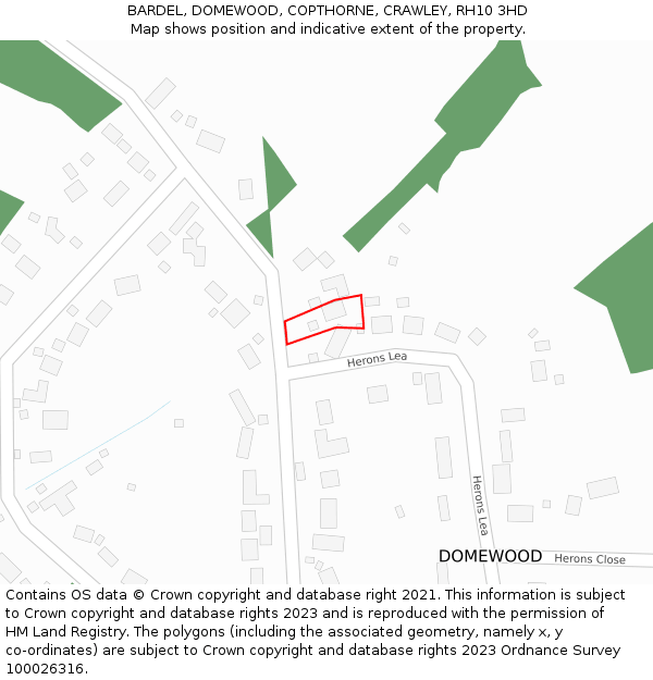 BARDEL, DOMEWOOD, COPTHORNE, CRAWLEY, RH10 3HD: Location map and indicative extent of plot
