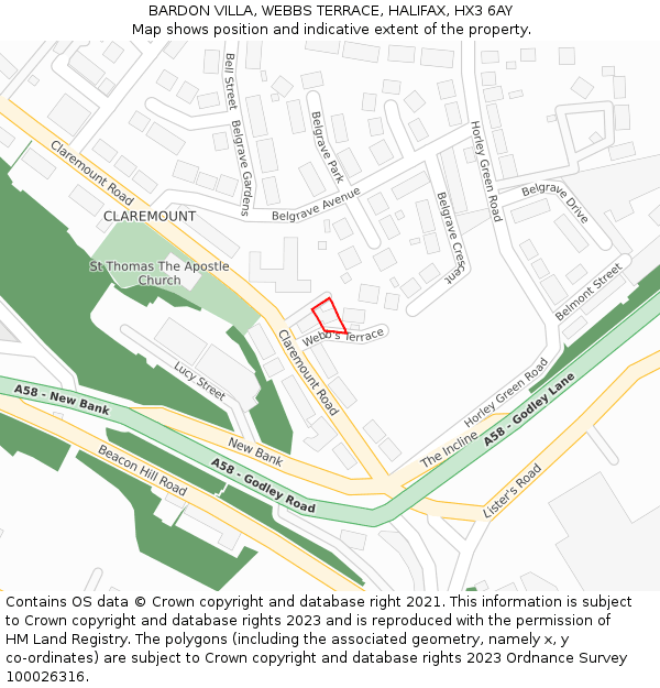 BARDON VILLA, WEBBS TERRACE, HALIFAX, HX3 6AY: Location map and indicative extent of plot