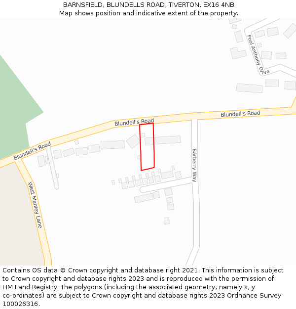 BARNSFIELD, BLUNDELLS ROAD, TIVERTON, EX16 4NB: Location map and indicative extent of plot