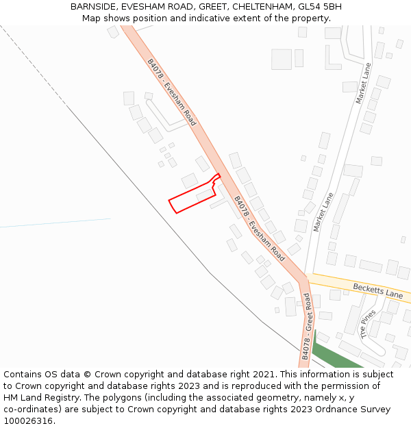 BARNSIDE, EVESHAM ROAD, GREET, CHELTENHAM, GL54 5BH: Location map and indicative extent of plot