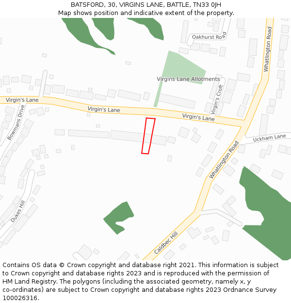 BATSFORD, 30, VIRGINS LANE, BATTLE, TN33 0JH: Location map and indicative extent of plot