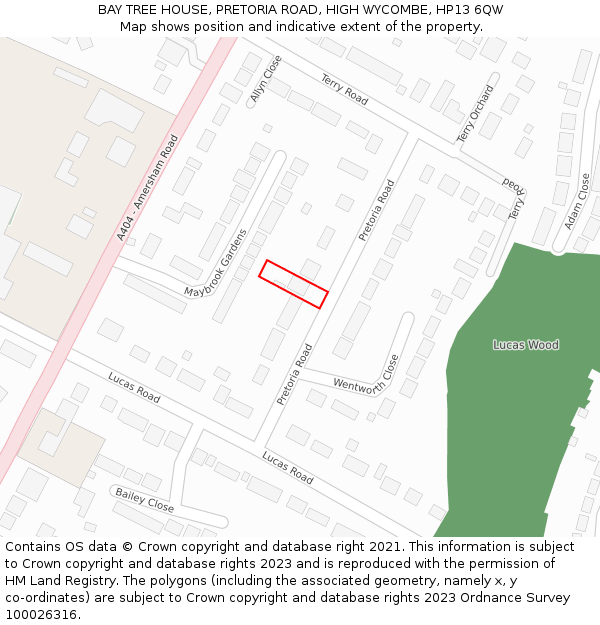 BAY TREE HOUSE, PRETORIA ROAD, HIGH WYCOMBE, HP13 6QW: Location map and indicative extent of plot