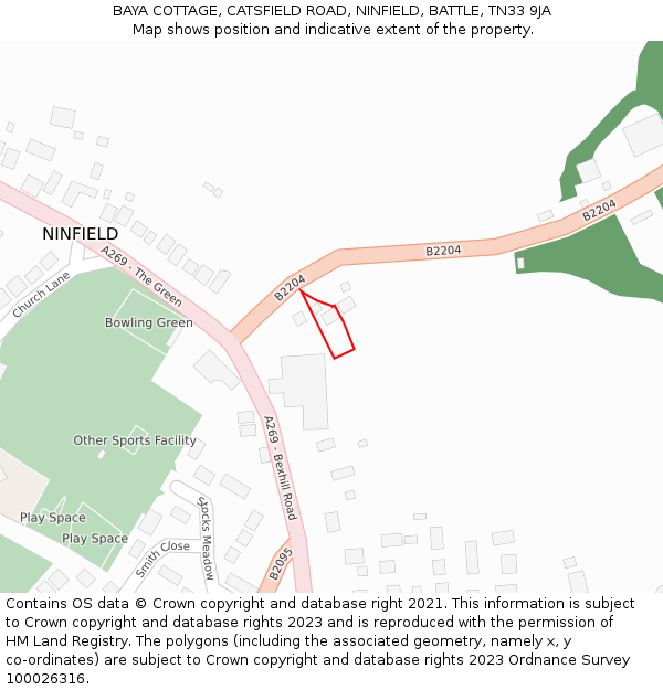 BAYA COTTAGE, CATSFIELD ROAD, NINFIELD, BATTLE, TN33 9JA: Location map and indicative extent of plot