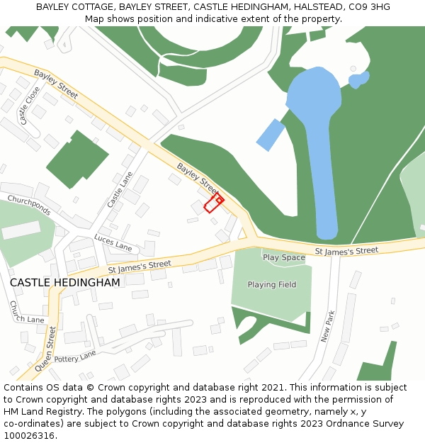 BAYLEY COTTAGE, BAYLEY STREET, CASTLE HEDINGHAM, HALSTEAD, CO9 3HG: Location map and indicative extent of plot
