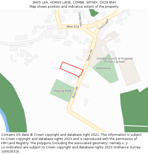 BAYS LEA, HORNS LANE, COMBE, WITNEY, OX29 8NH: Location map and indicative extent of plot