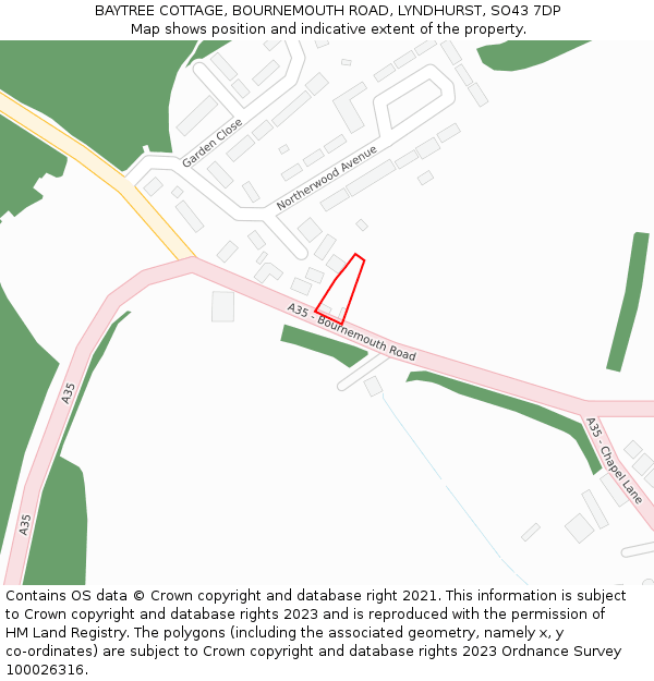 BAYTREE COTTAGE, BOURNEMOUTH ROAD, LYNDHURST, SO43 7DP: Location map and indicative extent of plot