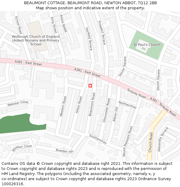 BEAUMONT COTTAGE, BEAUMONT ROAD, NEWTON ABBOT, TQ12 1BB: Location map and indicative extent of plot