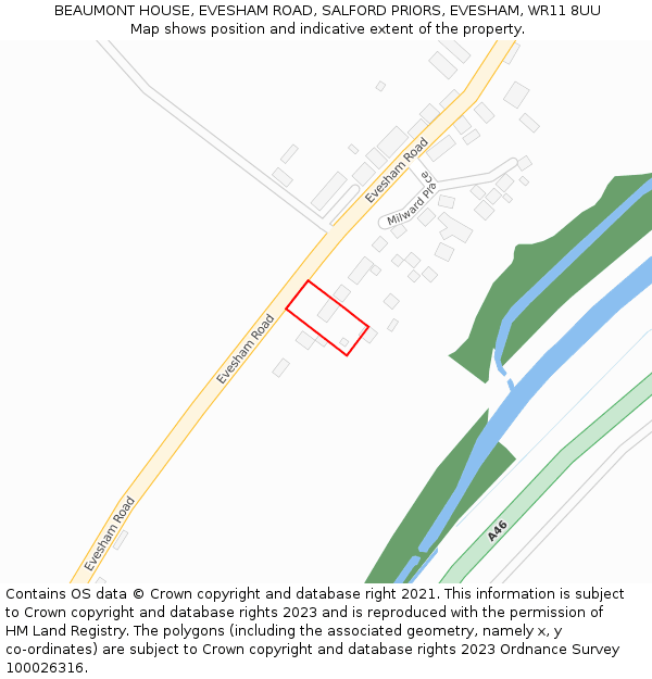 BEAUMONT HOUSE, EVESHAM ROAD, SALFORD PRIORS, EVESHAM, WR11 8UU: Location map and indicative extent of plot
