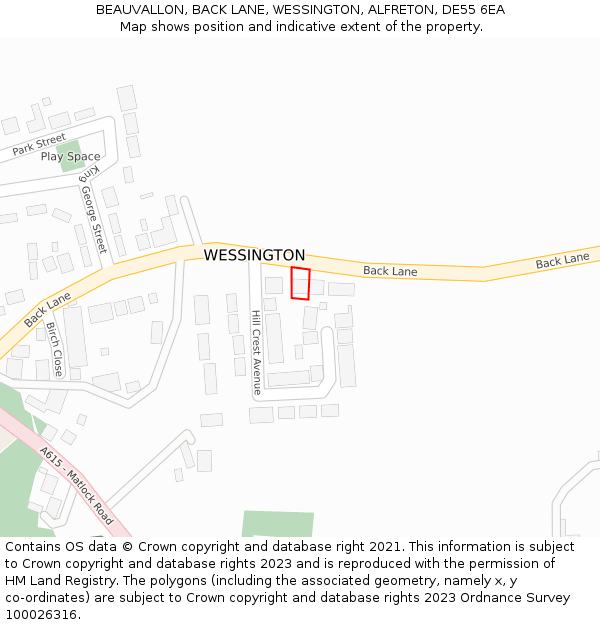 BEAUVALLON, BACK LANE, WESSINGTON, ALFRETON, DE55 6EA: Location map and indicative extent of plot